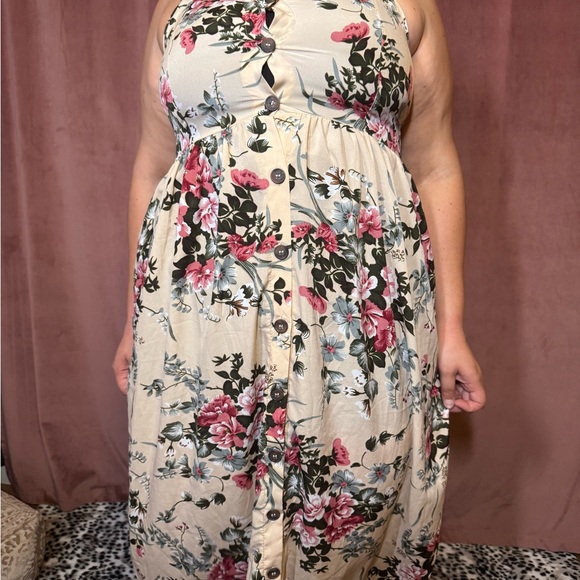 Dresses & Skirts - Floral Button-Front Cream Maxi Dress with Pink Blooms